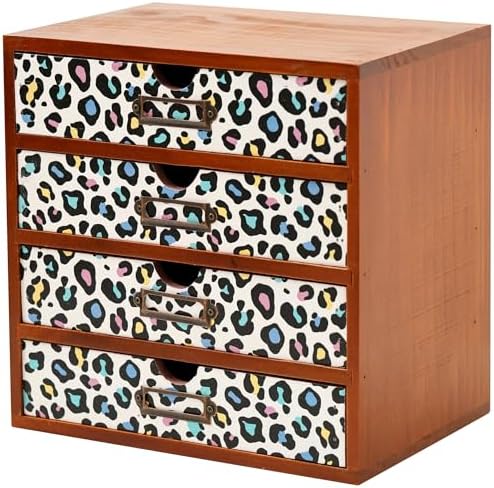 Colorful Leopard Print Wooden Desk Organizer - 4-Drawer Desktop Storage Cabinet for Office Supplies, Craft Tools & Home Organization - Trendy Wood Design for Crafters, Art Enthusiasts, Students by Woodaholic