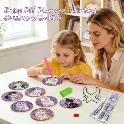 Leatrice Small Diamond Art Coasters Set Diamond Painting Kits for Adults Cat Diamond Dots Coasters Beginners Women Gem Art Coasters with Holder Funny Crafts Supplies for DIY Home Decor - Image 4