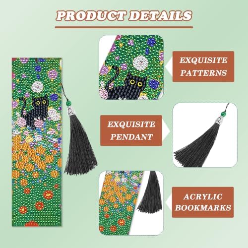 8 Pack Diamond Art Bookmark of Black Cat Oil Painting Design with Tassel - Image 4