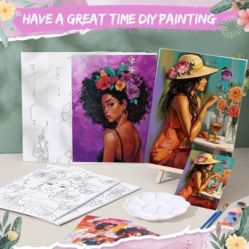 Tenceur 72 Pieces Pre Drawn Canvas Kit 8" x 10" Paint and Sip Kit for Adults Painting Party Pre Printed Canvas DIY Pre Stenciled Canvas with Paints Easels Aprons Brushes for Party Gifts(Black Girl) - Image 4
