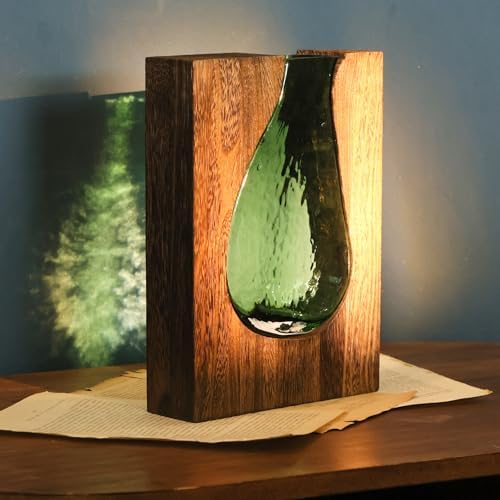 Wood and Glass Inlay Vases Farmhouse Wooden Glass Flower Vase Solid Wood Glass Vase Home Decor Vases for Centerpiece (9.29 Inches) by LITIVY