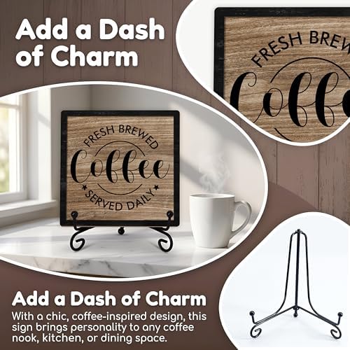 Coffee Bar Sign, Fresh Brewed Coffee Served Daily Sign, 5x5 Wood Plaque with Iron Stand, Kitchen Cafe Tabletop Decor – A05 - Image 3