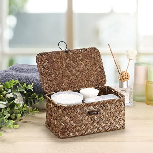 Hipiwe Handwoven Wicker Basket with Lid Small Desktop Seagrass Organizer - Image 5