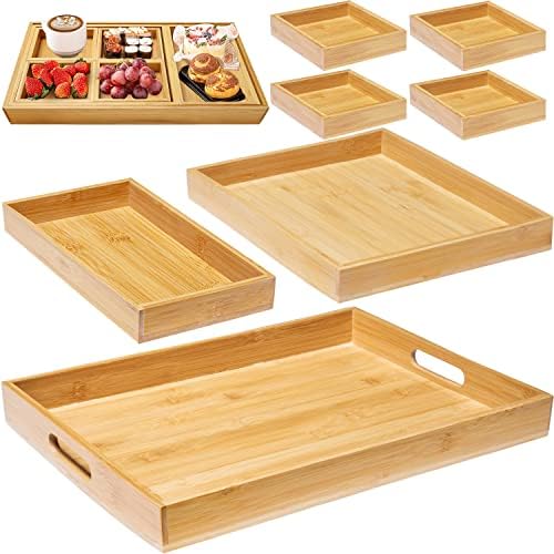 Wood Serving Tray with Handle, Set of 7 Nesting Rectangular Trays for Party by Hanber