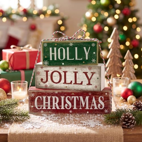 Moucuny 4 Pcs Christmas Table Decoration for Home Rustic Jolly Stacked Sign - Image 6