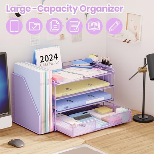 OPNICE Desk Organizer, 4-Tier Desktop File Organizer with Drawer and Pen Holders, Office Desk Accessories, File Sorters, Workspace Organizers for Office Supplies(Purple) - Image 3