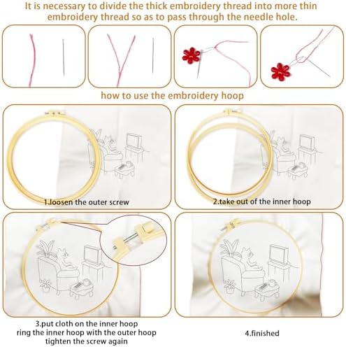 BEUNITONE 4 Set Embroidery Kit for Beginners, Daily Life of Cats Patterns Cross Stitch Kits, Needlepoint Kits for Adults with Hoop, Cute Hand Embroidery Patterns for Cloth and Home Decor - Image 3