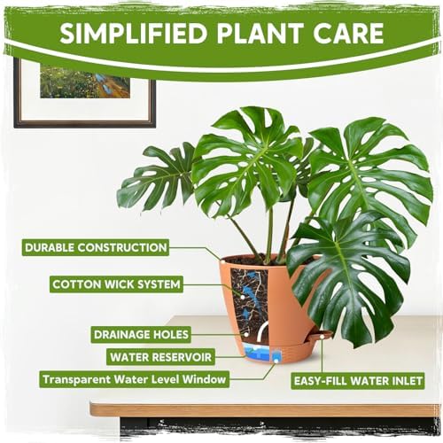 Self Watering Pots for Indoor Plants (5/5.5/6/6.5/8 Inch), Terra Cotta Planters with Water Level Indicator & Drainage,Wicking Pots for Monstera, Herbs & Snake Plant (Terra Cotta, 5/5.5/6/6.5/8 Inch) - Image 4