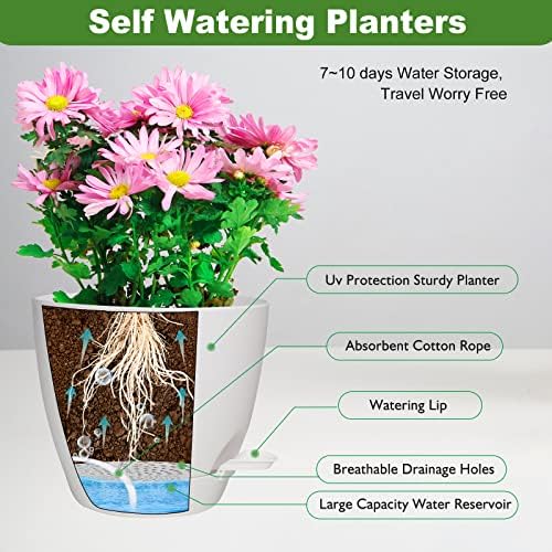 Vanslogreen Planters for Indoor Plants, 8/7/6.5/6/5.5/5 Inch Self Watering Planters with Drainage Hole, Plastic Planters Flower Pots for Indoor Outdoor Plants (Matte White) - Image 2