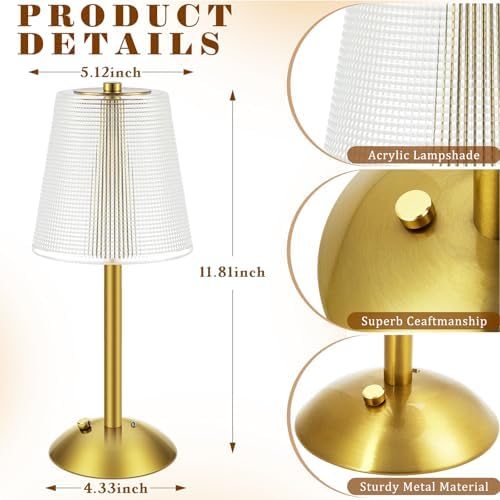Liliful 2 Pcs Cordless Table Lamp LED Touch, Gold, Retro Style - Image 2
