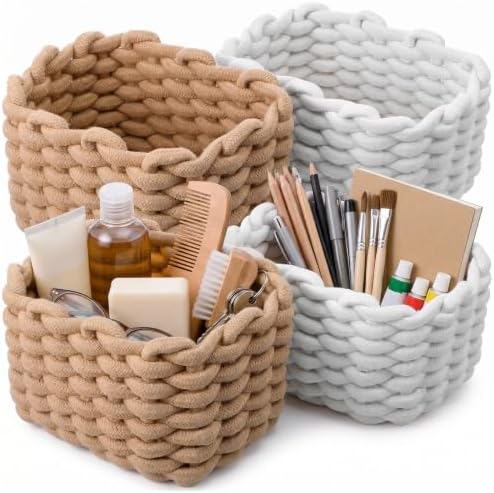 4 Pack Small Woven Storage Baskets – Cotton Rope Organizer Bins for Bathroom, Vanity, Desk & Shelf – White & Light Brown, 7.7x6.1x5.1 Inches by Unknown