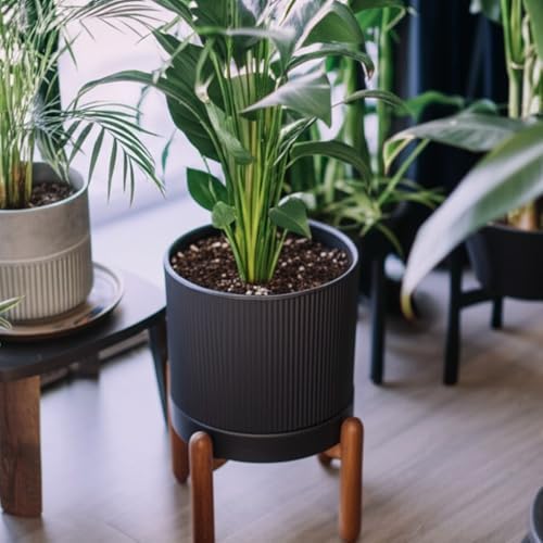 HERDUK 8 Inch Ceramic Planter with Natural Wood Stand w/Drainage & Saucer - Modern Indoor Planter for Cacti, Snake Plants & Aloe Vera Black - Image 5