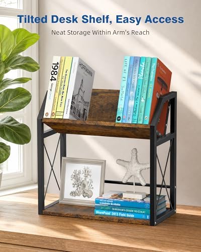 Desktop Bookshelf, Wooden Desk Shelf Organizer, Brown - Image 6