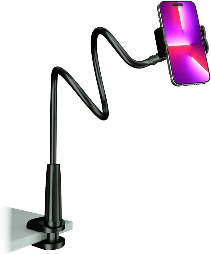 Cell Phone Clip Bed Stand Holder, with Grip Flexible Long Arm Gooseneck Bracket Mount Clamp for Desk, Compatible with iPhone 14 Pro Max XR X 8 7 6 or Other 3.5-7" Devices (Black, 34in)