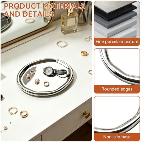 Ceramic Jewelry Tray, Ceramic Jewelry Cloud Plate Decorative Tray Trinket Dish Cute Room Decor for Rings Earrings Necklace Organizer 7.09in (Silver Round) - Image 4