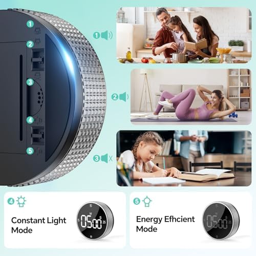 Digital Kitchen Timer with Magnetic, Large LED Display Countdown/Countup Timer, Pomodoro Preset 5/15/25 Mins, Volume & Brightness Adjustable for Cooking Baking Working Studying Silver - Image 5