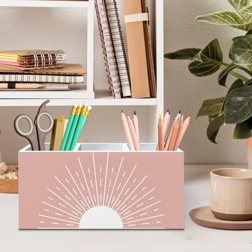 DILSJ Pink Boho Abstract Sunshine Pen Pencil Holder Organizer for Desk, Boho Office Decor, Pink Mid Century Modern Minimalist Sun Sunshine Wooden Box Signs for Home Office Desk Tabletop Decoration - Image 2