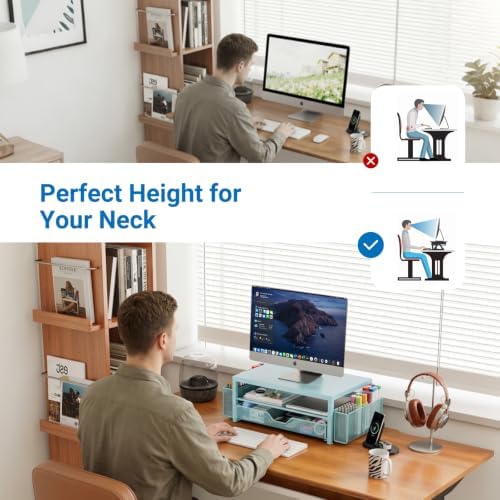OPNICE Desk Organizers and Accessories, Computer Monitor Stand Riser with Drawer and 2 Pen Holders, Printer & Laptop Stand, Office Desk Accessories & Workspace Organizers for Home Office Supplies, Soft Blue - Image 3