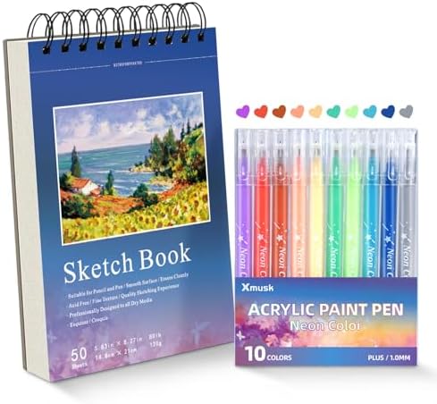 Acrylic Gel Pens for Coloring, 10 Colors Gel Pens with A5 Sketchbook by Xmusk