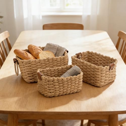 Small Wicker Rope Baskets Set of 3, Eco-Friendly Soft Woven Storage Organizing Baskets with Handle, Decorative Square Basket for Home, Shelves, Bathroom ﻿ - Image 6