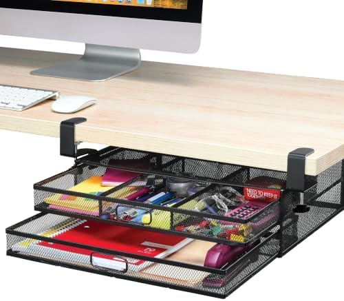 Homeify Under Desk Drawer Organizer Clamp-On, Mesh Metal Drawer Attachment, 2 Drawer Slide Out, On Or Under Desk Organizer For Office Supplies & Home Essentials (2 Drawers) by Homeify