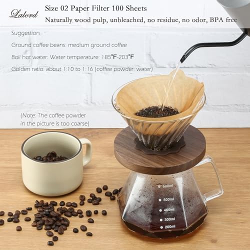 Lalord Pour Over Coffee Dripper with 100 pcs Size 02 Paper Filter, Walnut Handle and Borosilicate Glass, Glass Coffee Dripper, Hold for 1-4 Cups - Image 6