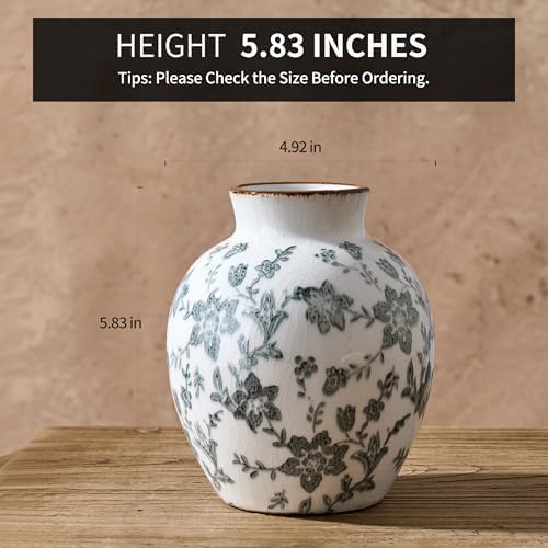 SIDUCAL Ceramic Vintage Vase, 5.83 Inch Retro Ice Cracked Chinoiserie Floral Vase, Rustic Farmhouse Vases for Home Decor, Bookshelf, Garden, Chinoiserie Decor, Tuscan Decor, Gray Floral Pattern - Image 2