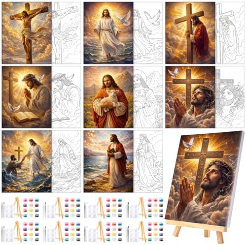8 Sets 8" x 10" Jesus Pre Drawn Canvas to Paint for Sip and Paint Party Jesus Predrawn Coloring Set Pre Sketched Canvas Boards with Paints and Brushes for Adult by Humyoun