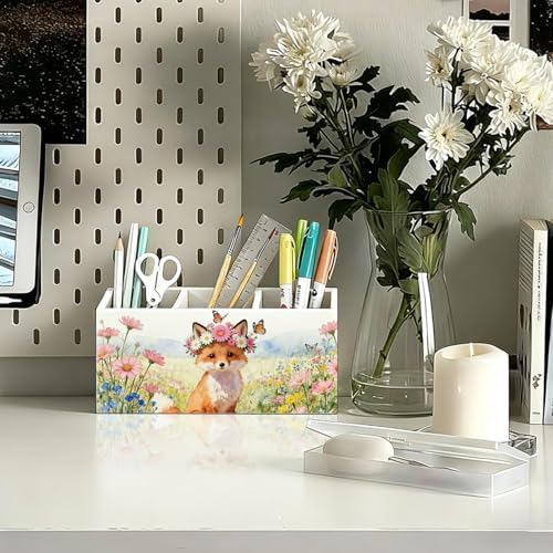 Fox Pen Pencil Holder for Desk Accessories, Fox Gifts for Women, Animal Lovers Gifts, Rustic Butterfly Flower Wild Animal Wooden Box Sign Decorations for Kids Room Home Office Desk Tabletop - Image 2