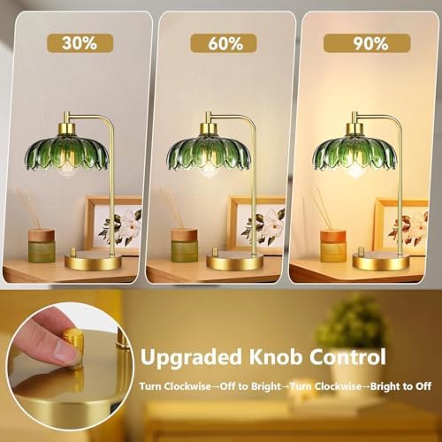 ILLMTW Glass Table Lamp Set of 2,Small Gold Bedside Lamps Dimmable Boho Bedroom Lamp with Tulip Flower Green Lamp Shade,Vintage Mid Century Modern Mini Nightstand Lamp for Bedroom Living Room - Image 2
