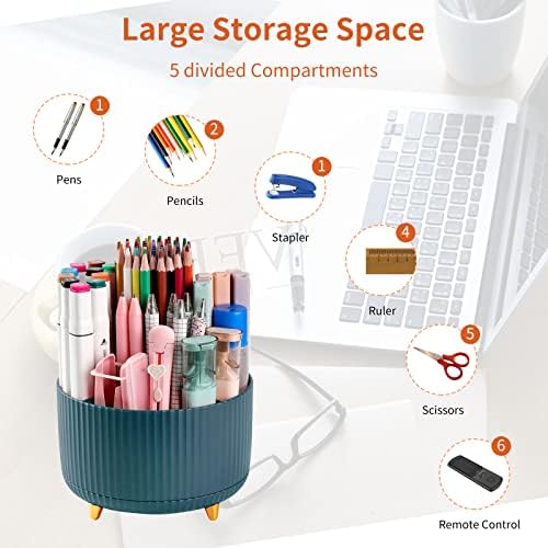 Desk Pencil Pen Holder, 5 Slots 360°Degree Rotating Pen Organizers for Desk, Desktop Storage Stationery Supplies Organizer, Cute Pencil Cup Pot for Office, School, Home, Art Supply, Dark Green - Image 3