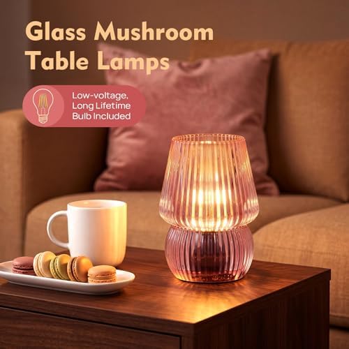 Small Battery Operated Lamp with Timer, Mushroom, Pink - Image 3