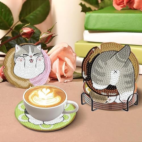 TCDZMYGS 8 Pcs Cute Cat Diamond Art Painting Coasters Kits, Cat Coaster with Holder for Adults, Non-Slip DIY Dot Paint Craft Kits, 5D Full Drill DIY Diamond Dot Gem Art Kit Home Decor Arts Craft - Image 2