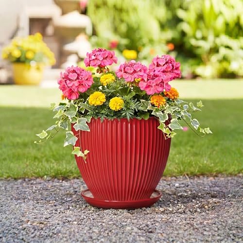 10 Inch Plant Pot, Ceramic Planters for Indoor Plants, Decorative Plant Pots with Drainage Hole and Saucer, Modern Round Large Planter, Office Apartment Decor, House Warming Gifts, Red - Image 5