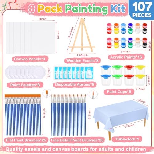 8 Pack 8x10 Inch Canvas Painting Kit, 107 PCS Canvas Boards for Painting with 50 Brushes & Paint Trays & Acrylic Paint & No Spill Cup & Apron & Tablecloth, Mini Painting Canva with Easel Set for Party - Image 3