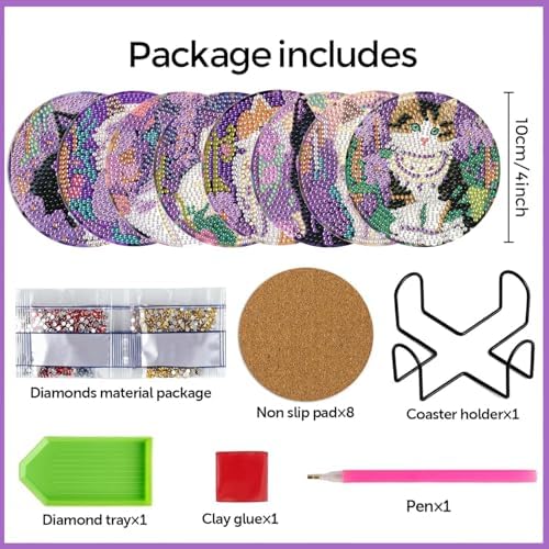 Leatrice Small Diamond Art Coasters Set Diamond Painting Kits for Adults Cat Diamond Dots Coasters Beginners Women Gem Art Coasters with Holder Funny Crafts Supplies for DIY Home Decor - Image 2
