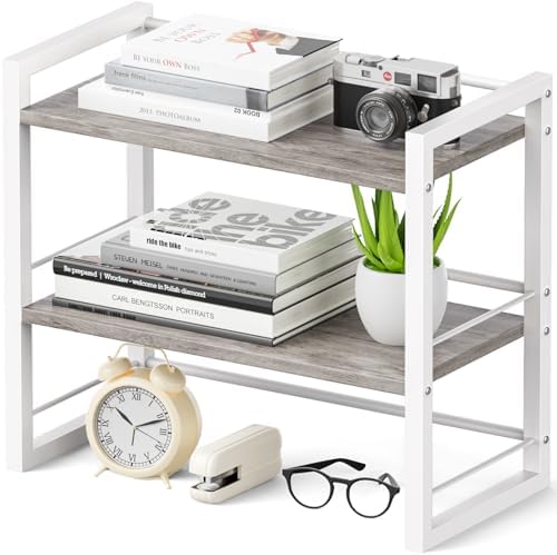 Office Desk Shelf Organizer, Wood Desktop Bookshelf Supplies Storage Rack, Shelf for Top of Desk and Dresser (Grey-2 Tier) by ART-GIFTREE