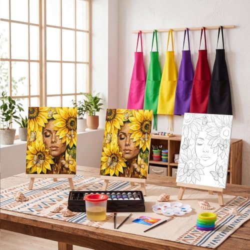 Cholemy 8 Set Paint and Sip Kit for Adults 8'' x 10'' Pre Drawn Canvas with Wooden Easels Acrylic Paint Brushes Wash Cup Palette Apron for Painting DIY Date Night Party Supplies(Sunflower Woman) - Image 2