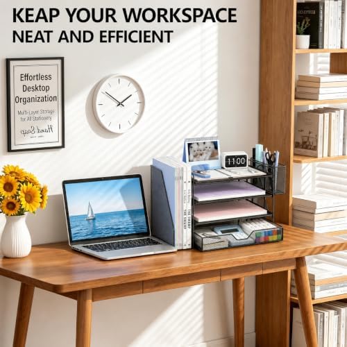 OPNICE Desk Organizers and Accessories, 4-Tier Desktop File Organizer with Drawer and Pen Holders, Office Desk Accessories Workspace Organizers for Office Supplies (Soft Black) - Image 5