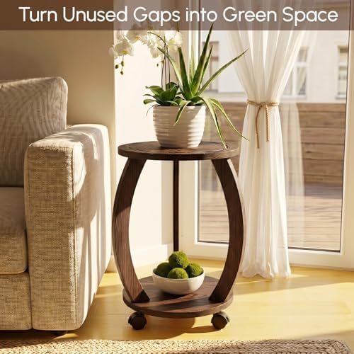 2 Tier Wooden Plant Stand Indoor with Wheels – Tall Plant Stand for 6-12 Inch Pots, Mid-Century Modern Rustic Plant Table Indoor, Pedestal Stand for Corner, Living Room, Balcony, Dark Brown - Image 2