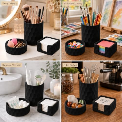 Aesthetic Geometric Silicone Desk Organizer Set of 3,Modern Office Desk Accessories with Round Pen Holder,Paperclip Tray,Sticky Note Holder,Stylish Functional Desk Decor for Home Office(Black) - Image 6