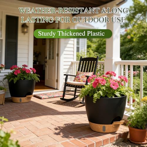 Self Watering Pots with Drainage Holes, 3 Pack 12/10/8 Inch Plant Pots with Water Level Indicator Deep Reservoir, Large Plastic Planter for Indoor Outdoor Plants - Black Brown - Image 5