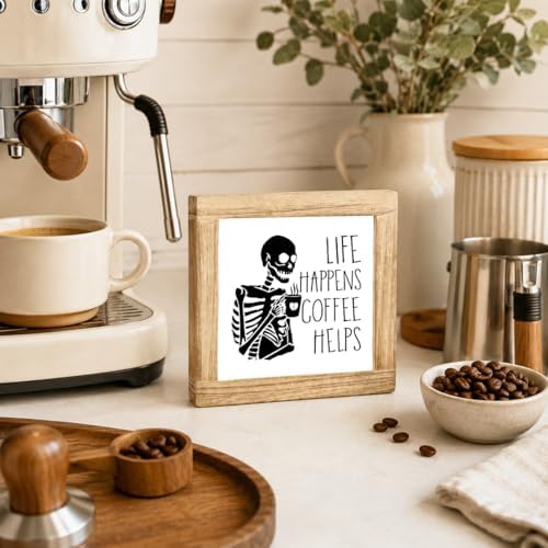 Funny Coffee Skeleton Sign, Life Happens Coffee Helps Wood Plaque, Halloween Kitchen Counter Decor, Gothic Coffees Bar Shelf Accent For Office Desk Cafe Corner, 5.9 x 5.9 in - Image 4