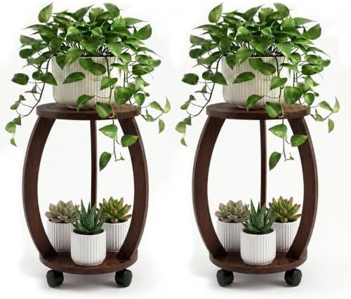 2 Pack 2 Tier Wooden Plant Stand Indoor with Wheels – Tall Plant Stand for 6-12 Inch Pots, Mid-Century Modern Rustic Plant Table Indoor, Pedestal Stand for Corner, Living Room, Balcony by Unknown