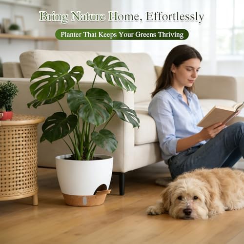 Plant Pots, 1 Pack 12 Inch Self Watering Pots with Drainage Holes, Water Level Indicator Deep Reservoir, Large Planters for Indoor Outdoor Plants - White Brown - Image 5