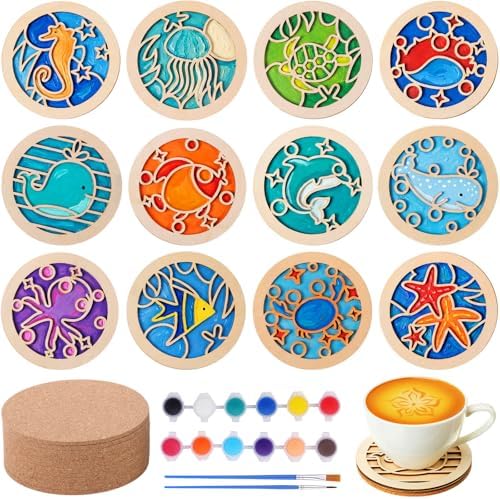 Reallnaive Wood Coasters Painting Kit DIY Craft, 12 Pcs, Sea Animal by Reallnaive
