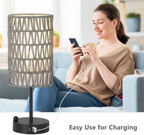 Touch Bedside Lamp For Bedroom with Bulb, Gray Boho Small Table Lamp For Living Room With Rattan & Linen Shade, 3 Way Dimmable Table Lamp For Nightstand With USB Charging Port & Phone Stand For Office - Image 5