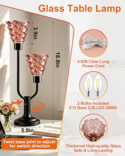 Lightdot Mid Century Modern Glass Table Lamp Vintage Pink Lamp Dimmable - Image 3