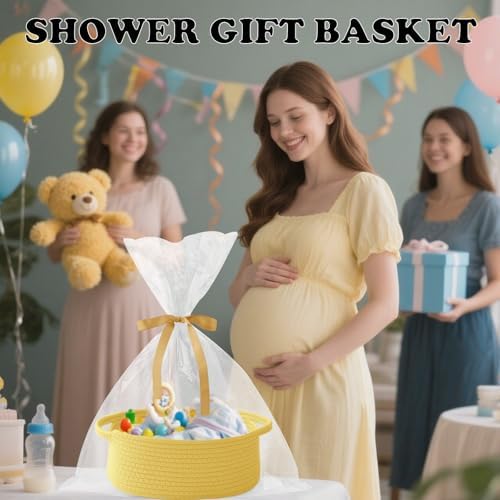Woven Rope Basket - Baby Gift Basket with Bag & Ribbon, Yellow - Image 6