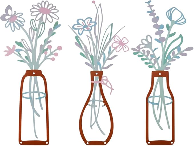 Bochino 3 PCS Metal Flowers Wall Arts, Rustic Farmhouse Decor Minimalist Flower Wall Decors for Living Room Bathroom Bedroom Dining Room Kitchen, Perfect Housewarming Gifts (L-Blue Pink)